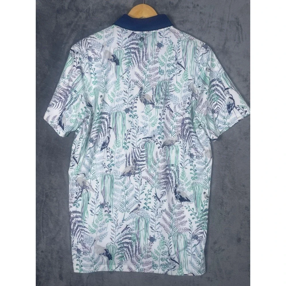 Greyson Mens Medium Golf Polo Shirt White Blue Heron Botanical Print Performance - Picture 7 of 8